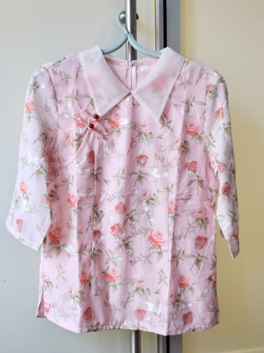 Pink Red Rose Flora Qipao Blouse - Chinese Top